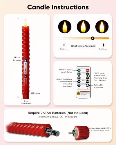 Red Spiral Flameless Taper Candles with Remote Control and Timer, 9.6 Inch Real Wax Battery Operated LED Candlesticks with Built-in Button, Fake Candle Sticks for Christmas Home Decor - Image 7