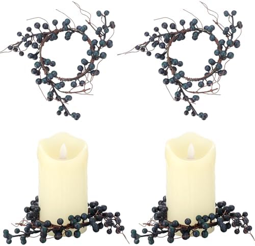 Daifunli 2 Pcs Christmas Candle Ring Faux Blue Berry Candle Ring 3.5 Inch Artificial Blueberry Farmhouse Wreath Candles Holder for Season Winter Christmas Holiday Spring Rustic Table Centerpiece Decor - Image 6