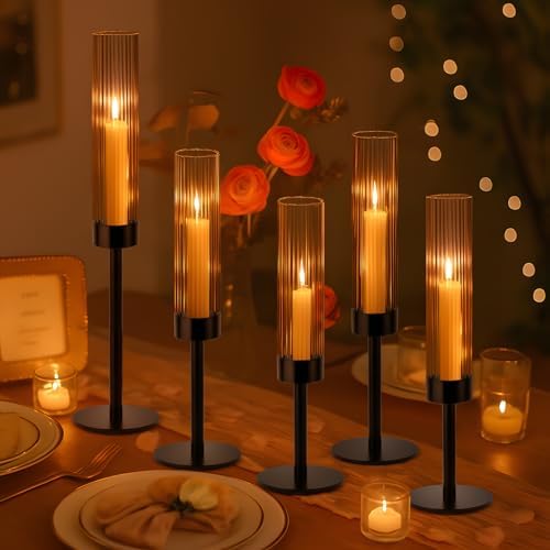 Black Hurricane Candle Holders, Set of 6 Glass Taper Candlestick Holders Metal Candle Stands Bulk with Ribbed Glass Cover for Dining Tables Wedding Candelabra Centerpieces Decor - Image 7