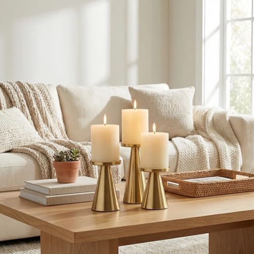 Set of 3 Gold Iron Pillar Candle Holders 4 & 4.7 & 6.4 Inch Tall - Image 7