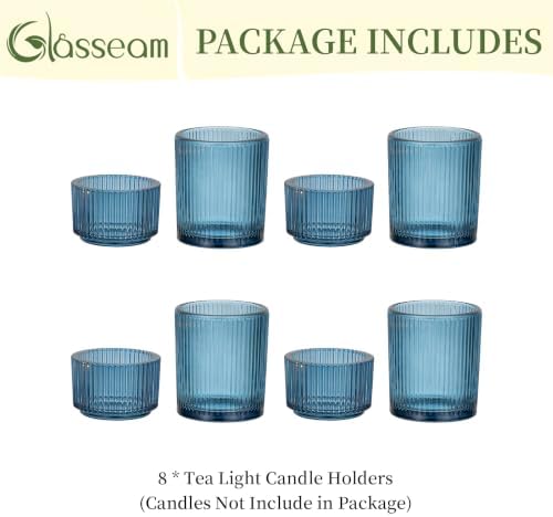 Glasseam Glass Votive Candle Holders, 8Pcs Ribbed Blue Tealight for Wedding - Image 7
