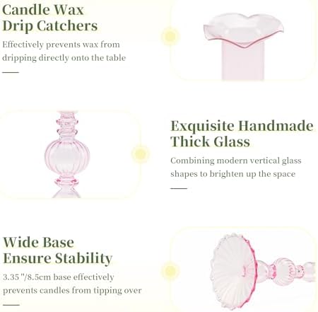 Glasseam 3 Pcs Pink Taper Candlestick Holders with Bobeche for Centerpiece - Image 6
