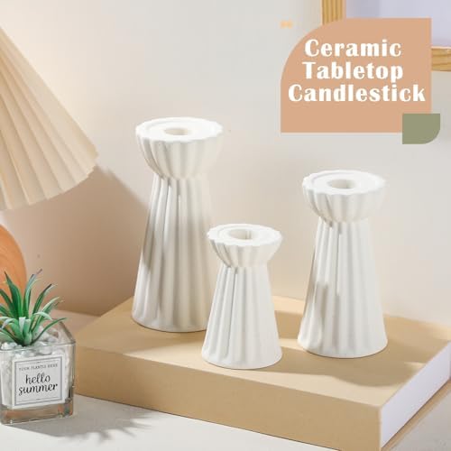 Honeydak Set of 3 Ceramic Taper Candle Holder Cream White, Matte Fluted - Image 6