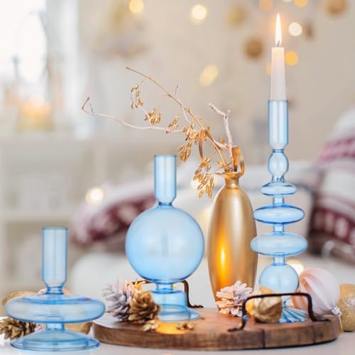 Rtteri 3 Pcs Iridescent Glass Candlestick Holders Taper Candle, Light Blue - Image 6