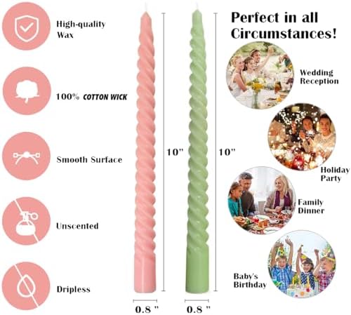10 Pack Pink and 10 Pack Sage Green Spiral Taper Candles for Home Decor, 10 Inch Unscented Dripless Twisted Candlesticks for Weddings Dinner Holiday Decoration Formal Events - Image 7