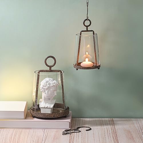 6" & 4" Wide Modern Farmhouse Metal Hurricane Candle Holder with Handmade Sturdy Glass Sleeve in Rustic Brown for Pillar Candle & Plants, Glass Hurricane Lantern, Industrial, Minimalistic - Image 6
