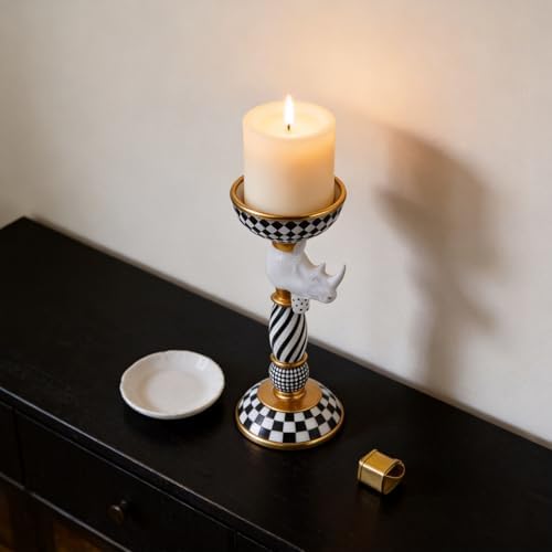 Checkered Animal Candle Holders, Resin Black White Checkered Tiger Head Candlestick Holders, Cute Black-and-White Pillar Candle Stand Home Decorations (Rhinoceros) - Image 7