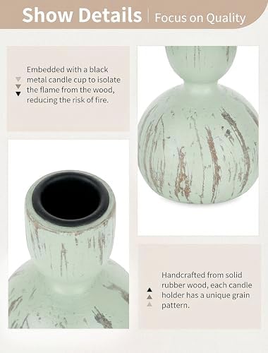 NUPTIO Wooden Taper Candle Holders, Set of 3 Sage Green Candlesticks - Image 6