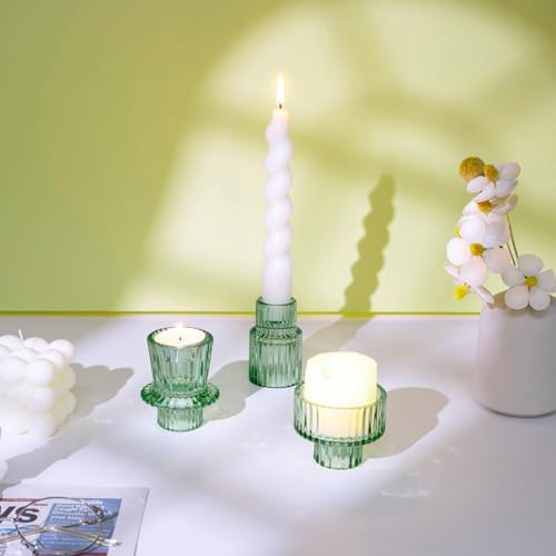 Candlestick Holders Set of 6, Ribbed Glass Taper Candle Holders, Reversible Green Tealight & Candle Stick Candle Holder Vintage Crystal Tapered Candlestick for Wedding Dinner Party Festival - Image 7