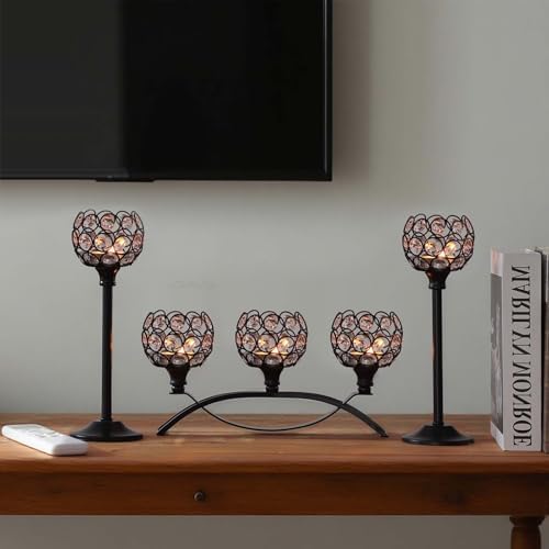 Crystal Tealight Candle Holder Centerpiece Home Decorative Candlestick Holder Elegant Table Centerpiece Home Decor Wedding Party Anniversary (Black, Set of 3) - Image 6