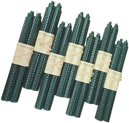 Set of 14 Dark Green Beeswax Taper Candles, Premium Quality Hand-Rolled 9 Inch Smokeless Dripless Uncented Long Candles for Wedding, Party, Home Décor, Holiday, Birthday by XIANGZHU