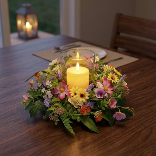 Floral Candle Holder Centerpiece for Table, Glass Hurricane with Detachable Small Floral Wreath, Farmhouse Spring Centerpiece for Dining Table, Wedding, Home Decor - Image 6