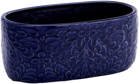 Napco Planters - Floral Embossed Ceramic Plant Pot with Cobalt Blue Glaze for Indoor Plants Planter, 5.5 x 14-Inch, Oval