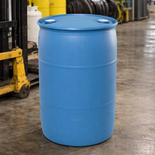 Bushman 55 Gallon Plastic Drum, Tight Head HDPE Barrel for Water, Chemical, or Oil Storage, Stackable Industrial with Closed Lid, Blue