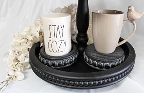Felt Creative Home Goods Set of 2 Round Rustic Wood Beaded Risers - Sturdy 2-Sided Stackable Decor Pedestal Stands for Tiered Tray, Candle, Mug Display (Rustic Black, 5 inch) - Image 7