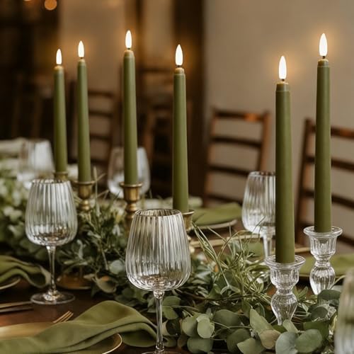 Olive Green Flameless Taper Candles with Remote Timer Set of 4 - Image 6