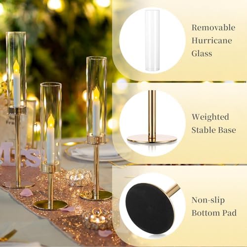Hewory Gold Candlestick Holders: 12PCS Cylinder Glass Hurricane for Tapers - Image 6