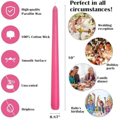 12-Pack Unscented Hot Pink Taper Candles, 10 Inch Dripless Smokeless Candlesticks, Long-Lasting Burn Time of 7-8 Hours, Perfect for Home Decor Wedding Dinner - Image 6