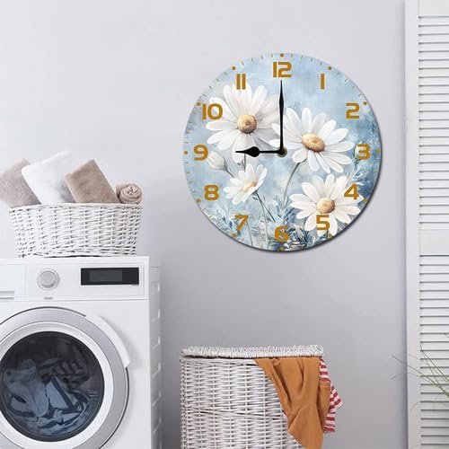 Chamomile Flowers Daisies Wooden Silent Non-Ticking 10 Inch Round Clocks Battery Operated Analog for Living Room Kitchen Bedroom Bathroom Office Home School Decor