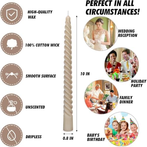 20 Pack 10 Inch Light-Mocha Spiral Taper Candles for Home Decor, Unscented Dripless Twisted Candlesticks for Weddings Dinner Holiday Decoration Formal Events - Image 7