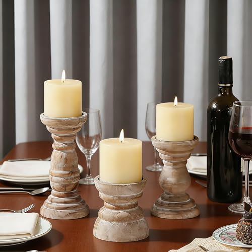 Rustic Wooden Pillar Candle Holders Set of 3 InDistressed Brown, Florence Style, Farmhouse Wooden Candle Holder, Wooden Candle Stand, Small Wooden Candlestick Holders, Living Room, Table Centerpiece - Image 3