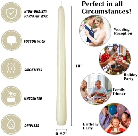 12-Pack Ivory Taper Candles, 10 Inch Unscented Dripless Candlesticks, Long-Lasting Burn Time of 7-8 Hours, Perfect for Home Décor, Weddings, and Events - Image 7