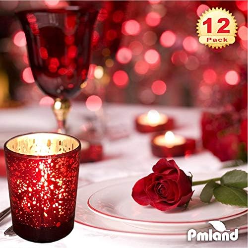 PMLAND Speckled Mercury Glass Votive Candle Tealight Holders - Bulk Pack of 12 Red - Image 5