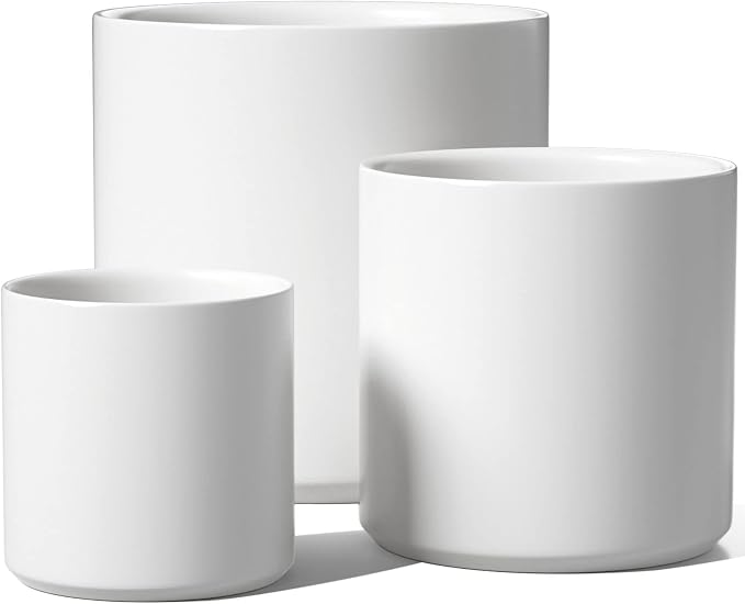 LE TAUCI 10+8+6 Inch Ceramic Pots for Plants, Indoor Planters with Drainage Hole and Plug, Modern Cylinder Flower Pots Set of 3 for Living Room and Bedroom, Satin, White
