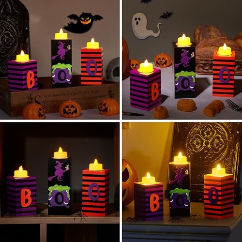 BlcTec Halloween Decorations, 3 PCS Halloween Wood Candle Holders with LED Tea Lights & 3D Carving Craft, Boo Wood Candle Centerpieces for Home, Table, Office, Tiered Tray, Shelf Décor, Witch Color - Image 7