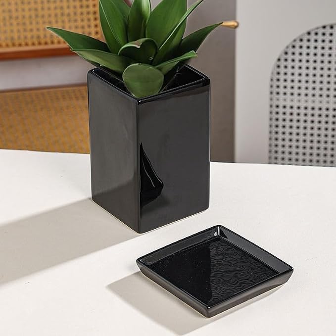Square Ceramic Plant Saucer Tray 10 11 12 Inch Black,12.4" OD x10.8 ID x1.4 Deep, Sturdy Heavy Duty Glazed Planter Drip Flower pots with Catch Basin for Indoor Outdoor Plants(12" Black)