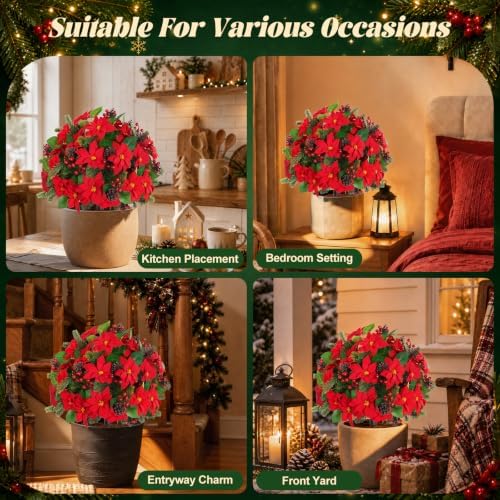 2PCS Poinsettia Pine Cone Topiary Trees with Spike Christmas Decor - Image 7