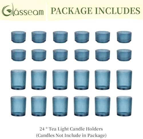 Glasseam Glass Votive Candle Holders Bulk 24Pcs Ribbed Blue Tealight Decor - Image 7