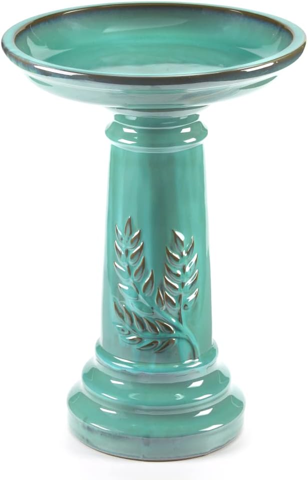 Smart Solar Wingate Outdoor Ceramic Birdbath with Pedestal Stand and Glossy Finish, Elegant Traditional Birdbath for Garden, Mint