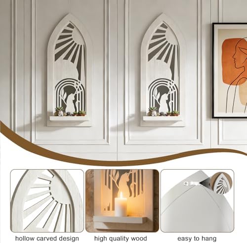 ZEXUIRU 2 Set Rustic Candle Sconces Living Room Bedroom Entryway Wood Mirrored, Farmhouse, Carved Frame Wall-Mount Wooden Candle Holders Wall Decor Hanging Handmade Holder - Distressed White - Image 7