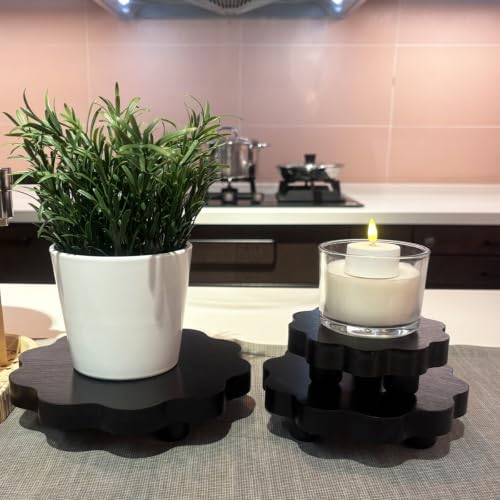 2 Pcs Scalloped Wood Display Risers,Rustic Wooden Pedestal Stand, Candle Stands Holder, Wooden Riser for Figures, Dessert Cupcake Tray for Party, Display Artwork collectibles for Decoration and Organize (Black, 6.3 Inch) - Image 7
