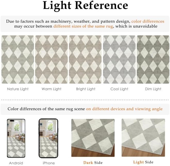 Grey 5x7 Washable Area Rug Living Room Non Slip Checkered Carpet | Soft, Low Pile, Easy Clean, Diamond Pattern for Bedroom, Office, Nursery, Dining Room, Kids Room, Modern Indoor Decor