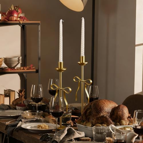 Gold Bow Taper Candle Holders Set of 2 Decorative Candle Stand - Image 7