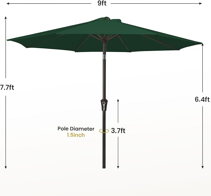 MEWAY 9ft Patio Umbrella Outdoor Table Umbrellas with Push Button Tilt and Crank, Market Umbrella 8 Sturdy Ribs for Deck, Garden, Pool and Backyard, Dark Green