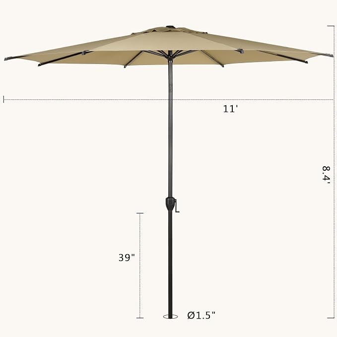 Abba Patio 11FT Lyon Outdoor Patio Umbrella Outdoor Table Umbrella with Push Button Tilt and Crank Market Umbrella 8 Sturdy Ribs UV Protection Waterproof for Garden Deck Backyard Pool Tan