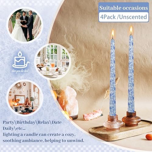 Blue Floral Long Taper Candles - 10 Inch Unscented and Smokeless Flower Printed Candle for Wedding, Dining & Holiday Table Centerpiece Set of 4 - Image 6