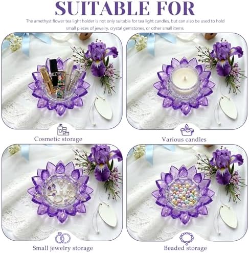Large Crystal Lotus Tealight Candle Holder for Up to 6" Diameter Pillar Candle Plate Candlestick,Chunky Glass Votive Stand for Wedding, Party, Table Centerpiece Decor and Yoga Meditation (2, Purple) - Image 7