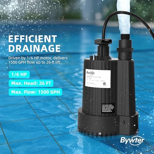 1/6 HP Submersible Water Pump, 1500 GPH, 26 FT Lift, Auto Start/Stop | IP68 Nylon Utility Pump Starts Above 1 In And Stops Below 1/2 In, 1 In Npt Adapter Fits 3/4 In And 1-1/4 In Hoses, 10 Ft Cord