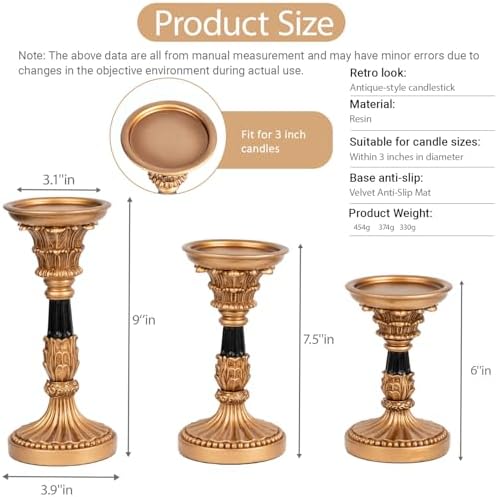Resin Pillar Candle Holders Set of 3 – an Antique Gold Frame with Engraved Decorations (9", 7.5", 6") with 3.1" Tray & Velvet Anti-Slip Base for Table Centerpiece and Fireplace Mantel Decor - Image 6