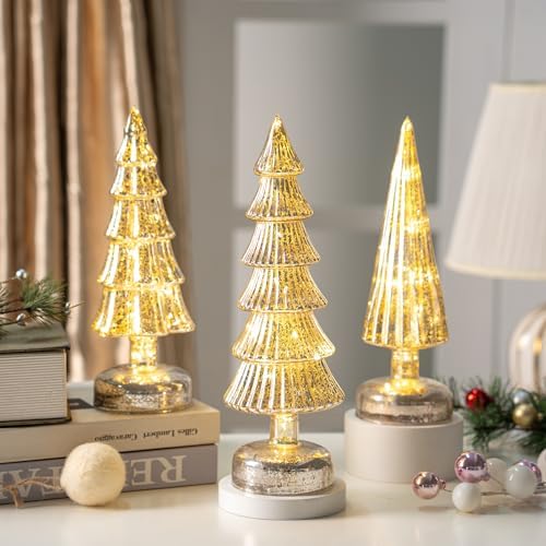 3 Pcs Mercury Glass Christmas Tree Tabletop Christmas Tree with Light,12 in Silver GlassTrees Figurines with LED Lights Figurine for Mantel Centerpieces,Christmas Glass Tree Ornaments (Champagne Gold) - Image 6