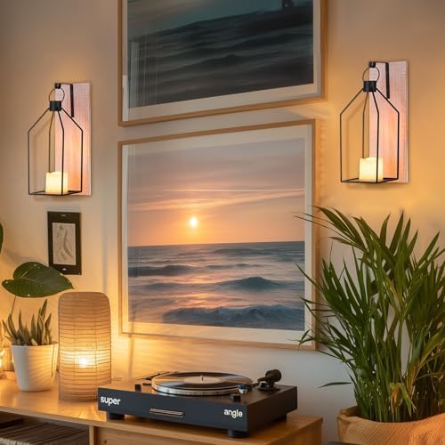 Candle Sconces Wall Decor: Set of 2 Farmhouse Wood Candle Holder Indoor Black Metal Lantern Rustic Decorations for Living Room Front Porch Yard - Image 7
