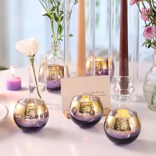 Volens Purple Votive Candle Holders Set of 12, Round Mercury Glass Votives - Image 6