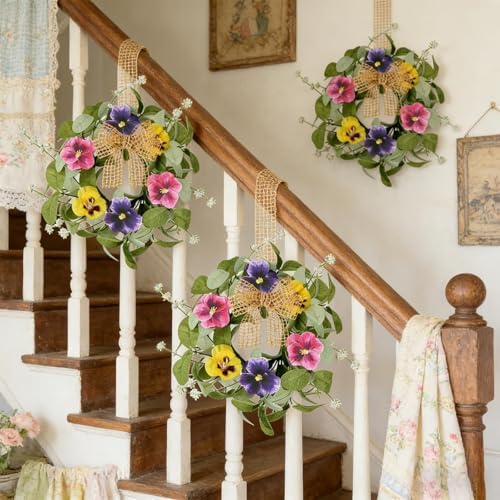 4 PCS Mini Spring Summer Kitchen Cabinet Wreaths Small Pansy Flowers Wreath for Front Door with Fern Branches Ribbon Small Flocked Lamb Ear Leaves Wreath for Indoor Outdoor Farmhouse Porch Wall Decor - Image 7