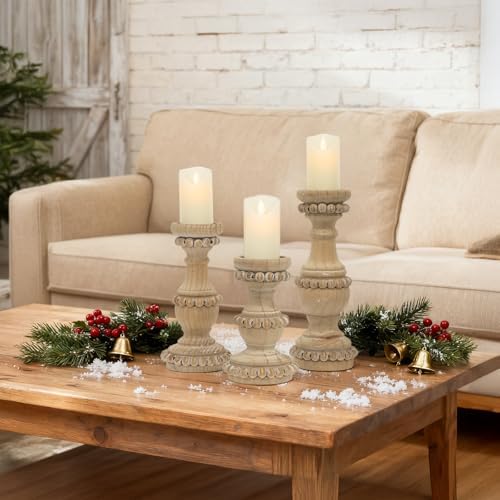 Farmhouse Wooden Candle Holders for Pillar Candles, Set of 3 Vintage Wooden Beaded Candle Holder, Tall Candle Stand Decorative for Living Room, Table Centerpiece (Natural) - Image 7