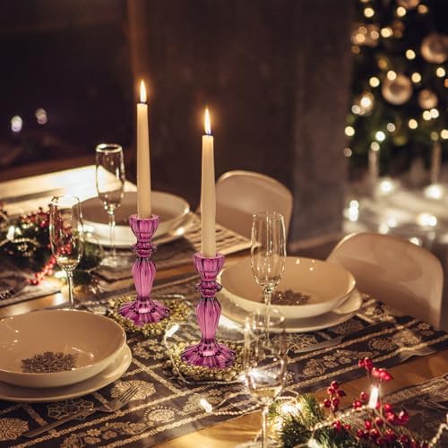 Glass Candle Holders, 2PCS Wide Base Candlestick Holder Decorative Candle Stand Table Centerpieces for Halloween Christmas Wedding Birthday Party, Dark Purple - Image 6