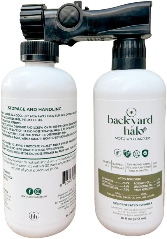 Mosquito Barrier End Hose Sprayer Kit | DEET Free | Two 16 Fl Oz Bottles | Children, Adult, and Pet Safe | Friendly to the Environment | Reduces Mosquitoes | Covers 2,400 SqFt